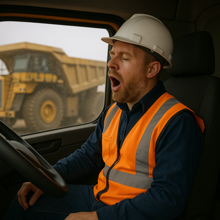 Operator showing signs of fatigue while driving mining haul truck